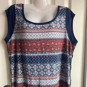 Reitman's front print navy blue cap sleeve top size Large